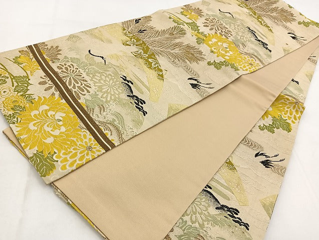 平和屋着物◎全通柄　京袋帯　唐織　飛鶴地紙花文　銀糸　正絹　逸品　BAAW8619yc