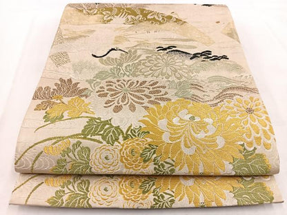 平和屋着物◎全通柄　京袋帯　唐織　飛鶴地紙花文　銀糸　正絹　逸品　BAAW8619yc