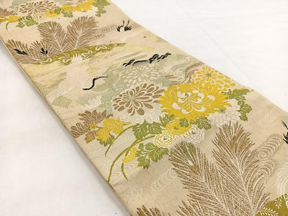 平和屋着物◎全通柄　京袋帯　唐織　飛鶴地紙花文　銀糸　正絹　逸品　BAAW8619yc