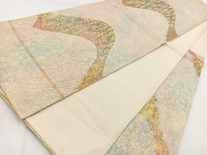 平和屋着物◎六通柄袋帯　重ね山樹林文　金銀糸　引箔　正絹　逸品　BAAW8622yc