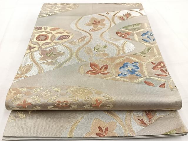 平和屋着物◎六通柄袋帯　吉祥花文　金銀糸　引箔　正絹　逸品　BAAW8631yc