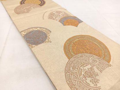平和屋着物◎六通柄袋帯　唐織　花鳥絵皿文　銀糸　正絹　逸品　BAAW8633yc