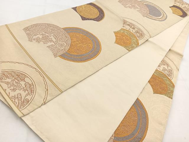 平和屋着物◎六通柄袋帯　唐織　花鳥絵皿文　銀糸　正絹　逸品　BAAW8633yc