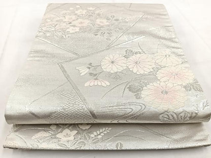 平和屋着物◎六通柄袋帯　唐織　色紙重ね秋草文　銀糸　正絹　逸品　BAAW8634yc