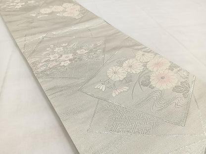 平和屋着物◎六通柄袋帯　唐織　色紙重ね秋草文　銀糸　正絹　逸品　BAAW8634yc