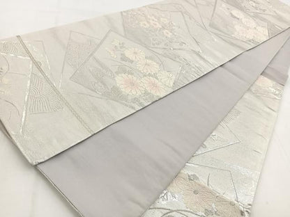 平和屋着物◎六通柄袋帯　唐織　色紙重ね秋草文　銀糸　正絹　逸品　BAAW8634yc
