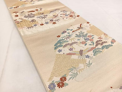 平和屋着物◎六通柄袋帯　唐織　飛鶴松竹梅文　金銀糸　正絹　逸品　BAAW8637yc