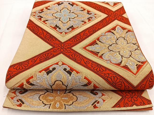 平和屋着物◎六通柄袋帯　唐織　菱天井花文　金銀糸　正絹　逸品　BAAW8643yc