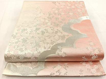 平和屋着物◎六通柄袋帯　唐織　雲取り花文　銀糸　正絹　逸品　BAAW8644yc