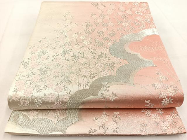 平和屋着物◎六通柄袋帯　唐織　雲取り花文　銀糸　正絹　逸品　BAAW8644yc