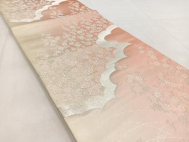 平和屋着物◎六通柄袋帯　唐織　雲取り花文　銀糸　正絹　逸品　BAAW8644yc