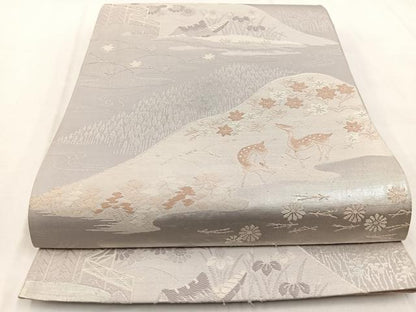 平和屋着物◎六通柄袋帯　唐織　動物風景文　銀糸　正絹　逸品　BAAW8650yc