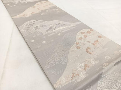 平和屋着物◎六通柄袋帯　唐織　動物風景文　銀糸　正絹　逸品　BAAW8650yc