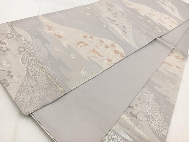 平和屋着物◎六通柄袋帯　唐織　動物風景文　銀糸　正絹　逸品　BAAW8650yc