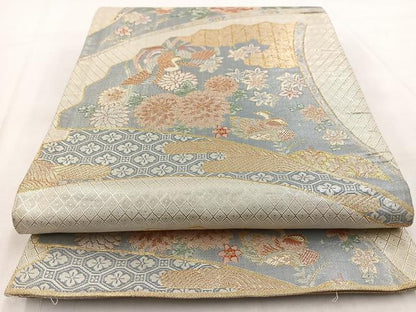 平和屋着物◎宝珠本佐賀錦　六通柄袋帯　九百錦　扇面花鳥文　金銀糸　正絹　逸品　BAAW8657yc