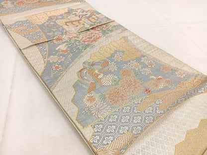 平和屋着物◎宝珠本佐賀錦　六通柄袋帯　九百錦　扇面花鳥文　金銀糸　正絹　逸品　BAAW8657yc