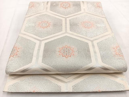 平和屋着物◎六通柄袋帯　唐織　亀甲花文　銀糸　正絹　逸品　BAAW8664yc