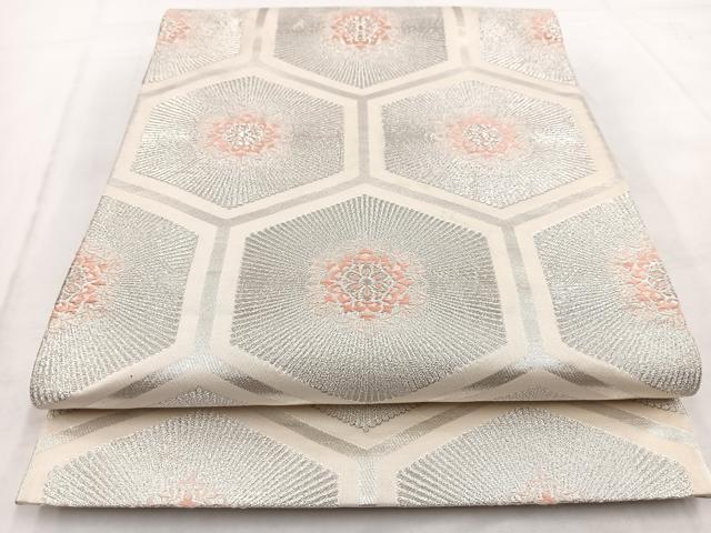 平和屋着物◎六通柄袋帯　唐織　亀甲花文　銀糸　正絹　逸品　BAAW8664yc