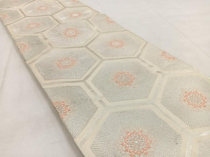 平和屋着物◎六通柄袋帯　唐織　亀甲花文　銀糸　正絹　逸品　BAAW8664yc