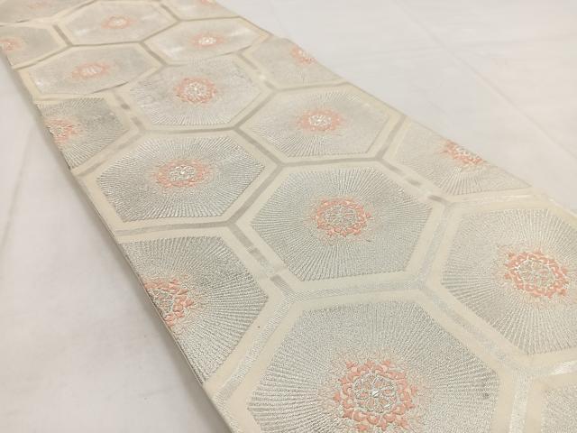 平和屋着物◎六通柄袋帯　唐織　亀甲花文　銀糸　正絹　逸品　BAAW8664yc