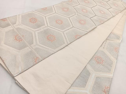 平和屋着物◎六通柄袋帯　唐織　亀甲花文　銀糸　正絹　逸品　BAAW8664yc