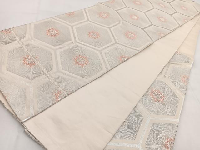 平和屋着物◎六通柄袋帯　唐織　亀甲花文　銀糸　正絹　逸品　BAAW8664yc