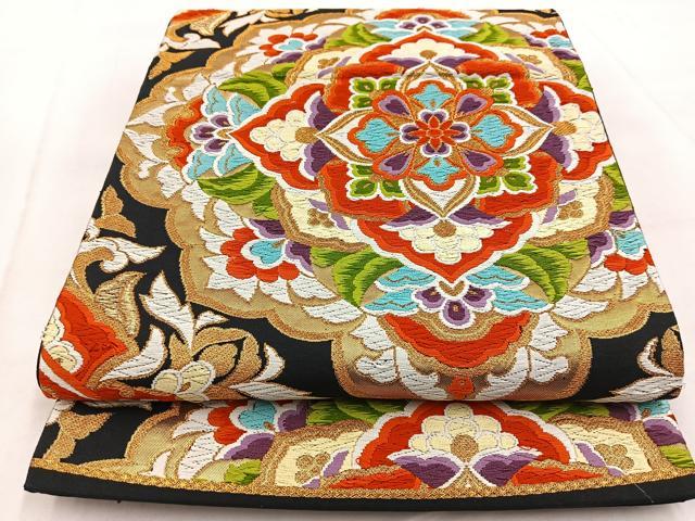 平和屋着物◎六通柄袋帯　唐織　正倉院更紗花文　黒地　金糸　正絹　逸品　BAAW8665yc