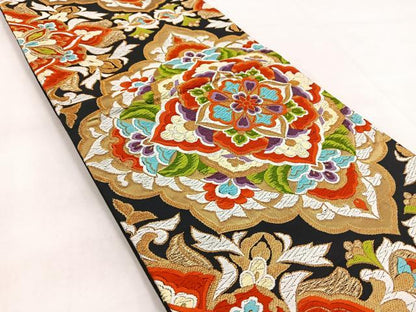 平和屋着物◎六通柄袋帯　唐織　正倉院更紗花文　黒地　金糸　正絹　逸品　BAAW8665yc