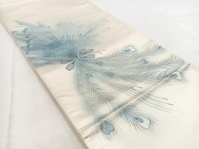 平和屋着物◎太鼓柄袋帯　手描き　孔雀羽文　銀糸　引箔　正絹　逸品　BAAW8667yc