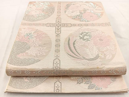 平和屋着物◎六通柄袋帯　唐織　鳳凰格天井花文　銀糸　正絹　逸品　BAAW8672yc