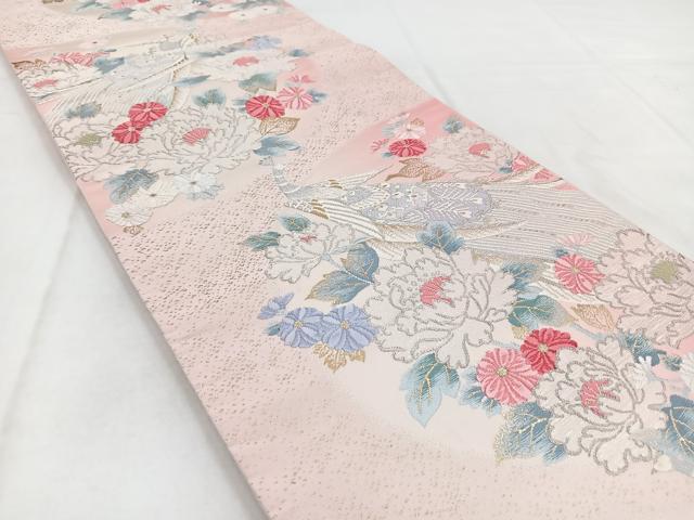 平和屋着物◎六通柄袋帯 唐織 孔雀花文 金銀糸 正絹 逸品 BAAW8674yc
