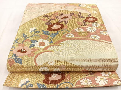平和屋着物◎六通柄袋帯 唐織 立波花文 金糸 正絹 逸品 BAAW8676yc