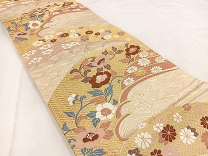 平和屋着物◎六通柄袋帯 唐織 立波花文 金糸 正絹 逸品 BAAW8676yc