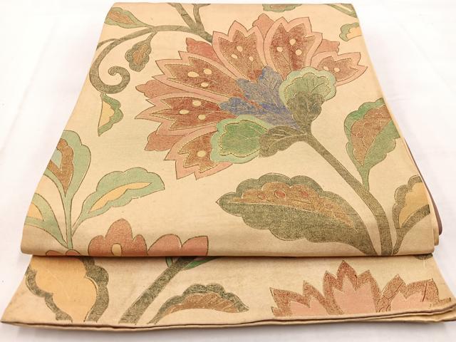 平和屋着物◎六通柄袋帯 駒刺繍 更紗花文 金彩 正絹 逸品 BAAW8678yc