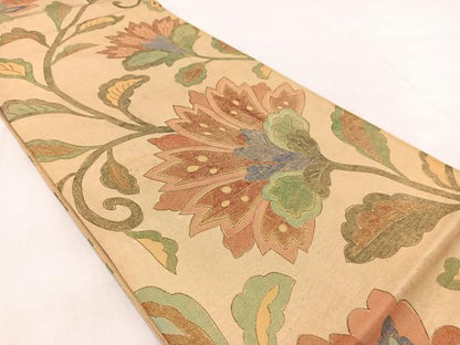 平和屋着物◎六通柄袋帯 駒刺繍 更紗花文 金彩 正絹 逸品 BAAW8678yc
