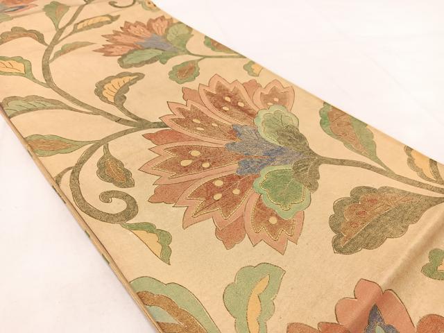 平和屋着物◎六通柄袋帯 駒刺繍 更紗花文 金彩 正絹 逸品 BAAW8678yc