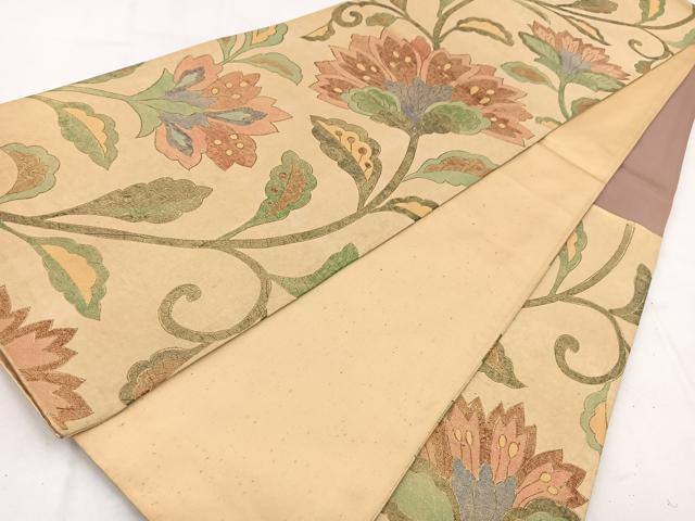 平和屋着物◎六通柄袋帯 駒刺繍 更紗花文 金彩 正絹 逸品 BAAW8678yc