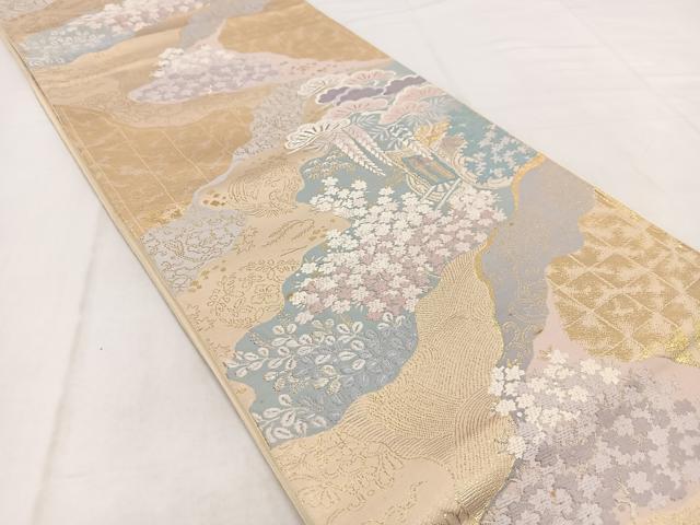 平和屋着物◎六通柄袋帯 唐織 御所車花鳥文 金糸 正絹 逸品 BAAW8684yc