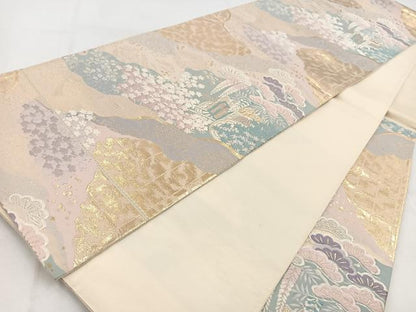 平和屋着物◎六通柄袋帯 唐織 御所車花鳥文 金糸 正絹 逸品 BAAW8684yc