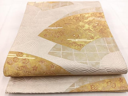 平和屋着物◎六通柄袋帯 唐織 扇面錦濤文 金糸 正絹 逸品 BAAW8685yc