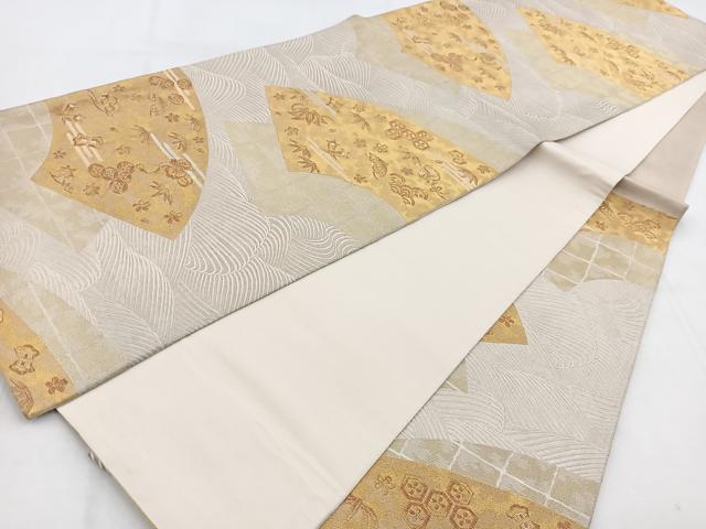 平和屋着物◎六通柄袋帯 唐織 扇面錦濤文 金糸 正絹 逸品 BAAW8685yc