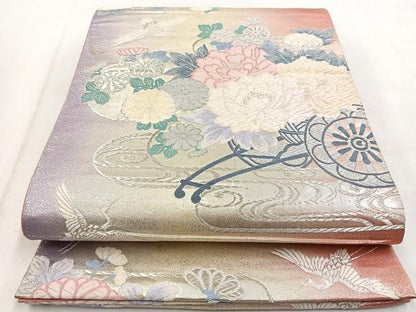 平和屋着物◎六通柄袋帯 唐織 飛鶴花車文 銀糸 正絹 逸品 BAAW8694yc