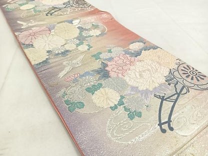 平和屋着物◎六通柄袋帯 唐織 飛鶴花車文 銀糸 正絹 逸品 BAAW8694yc