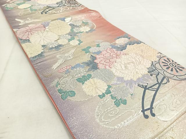 平和屋着物◎六通柄袋帯 唐織 飛鶴花車文 銀糸 正絹 逸品 BAAW8694yc