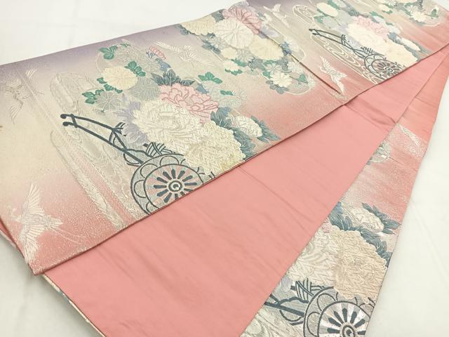 平和屋着物◎六通柄袋帯 唐織 飛鶴花車文 銀糸 正絹 逸品 BAAW8694yc