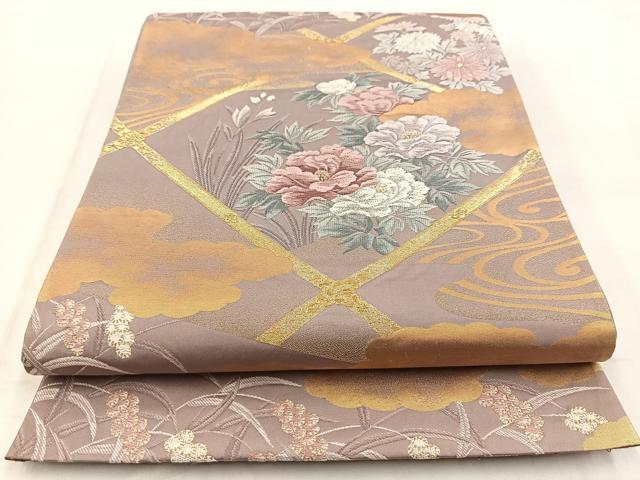 平和屋着物◎六通柄袋帯　唐織　格天井花文　金糸　正絹　逸品　BAAW8705yc