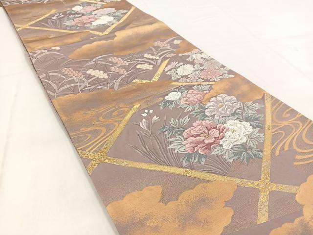 平和屋着物◎六通柄袋帯　唐織　格天井花文　金糸　正絹　逸品　BAAW8705yc
