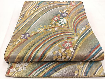 平和屋着物◎六通柄袋帯　唐織　流水花文　金銀糸　正絹　逸品　BAAW8711yc