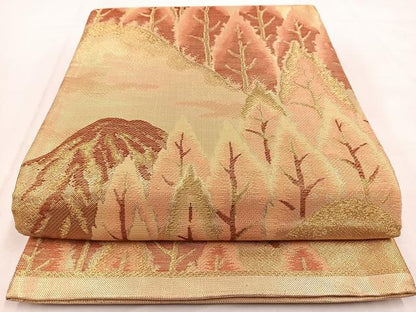 平和屋着物◎佐賀錦　六通柄袋帯　遠山樹林文　金糸　正絹　逸品　BAAW8712yc
