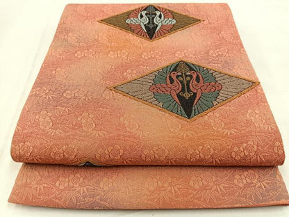平和屋着物◎六通柄袋帯　唐織　ふくれ織　双鶴花文　正絹　逸品　BAAW8728yc